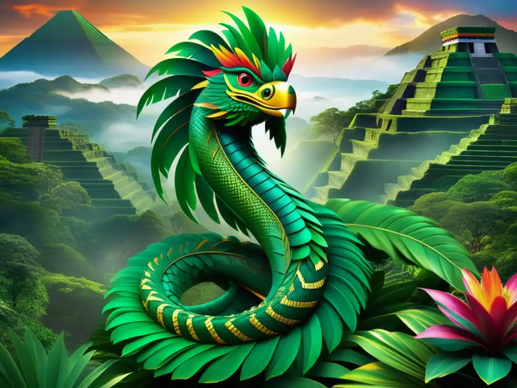 Quetzalcóatl, dios serpiente de la mitología azteca, en un paisaje exuberante y místico