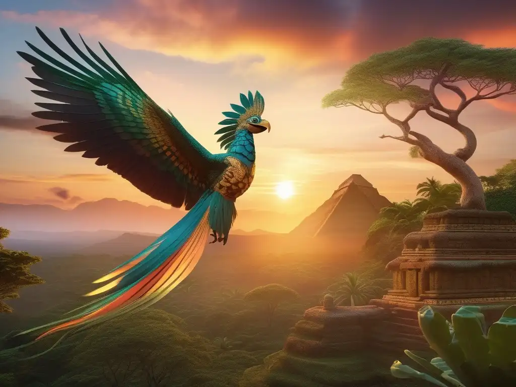 Conexión divina entre animales y fenómenos naturales Paisaje místico: Quetzalcoatl, dios híbrido mesoamericano, en escena de conexión divina entre animales y fenómenos naturales