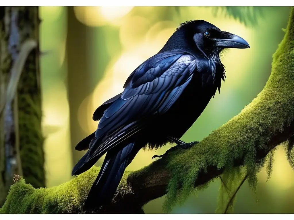 Espíritu del cuervo en leyendas: majestuoso cuervo negro en un bosque místico, con plumas iridiscentes y aura espiritual