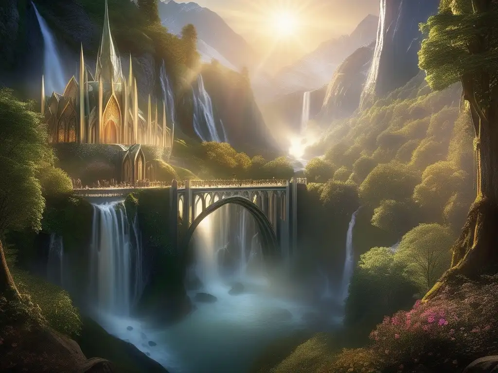 Reino élfico en Rivendell Paisaje místico de Rivendell, hogar de criaturas legendarias en 'El señor de los anillos'