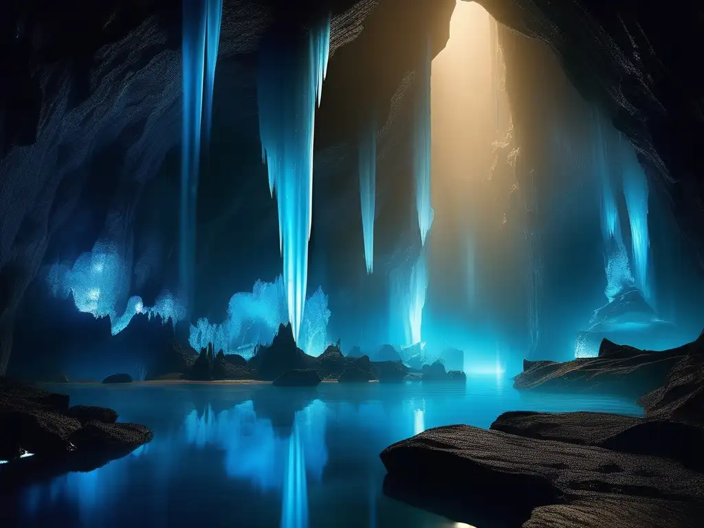 Exploración mitológica del Inframundo de Hades - Un cautivador paisaje subterráneo lleno de misterio, cavernas sombrías, brillo azul y estalactitas