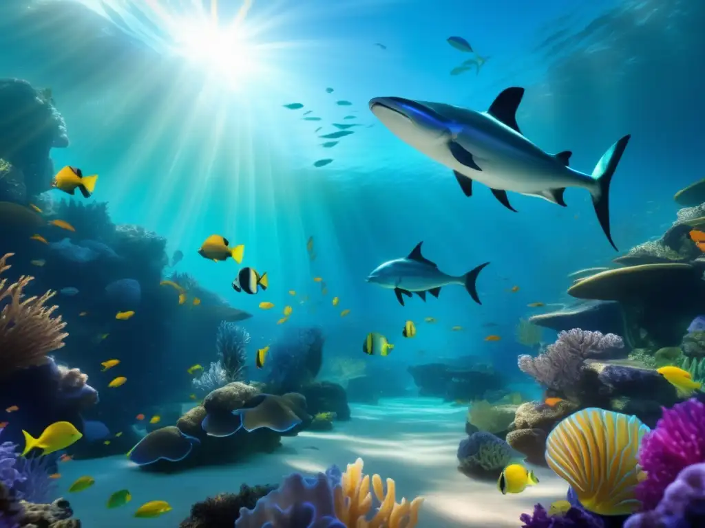 Majestuosos Tritones y Sirenas en el mar Imagen submarina con Tritones: criaturas marinas mitológicas nadando junto a sirenas en un reino acuático vibrante
