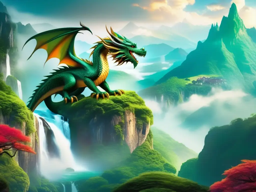 Influencia de dragones en cine asiático: imagen mágica de montañas, cascada, dragón volando con alas majestuosas y ojos llenos de sabiduría