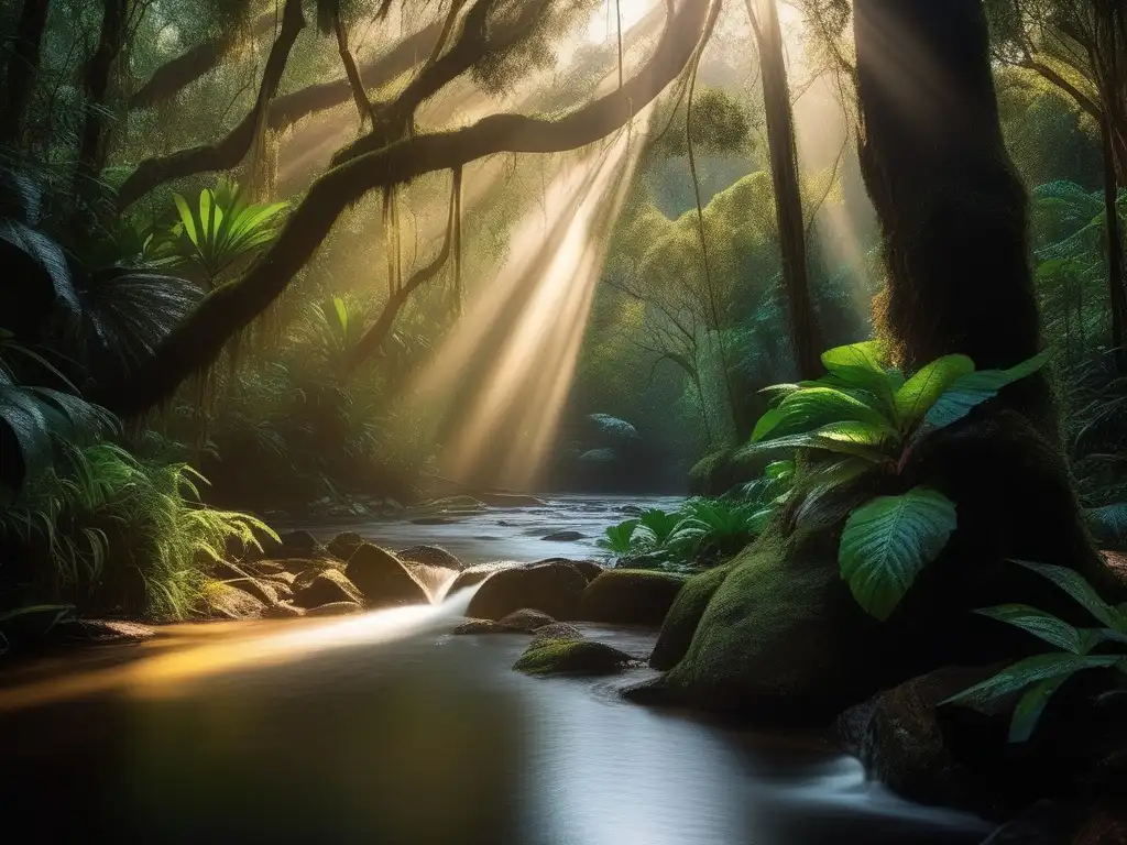 Río místico en selva australiana con espíritus de los ríos y montañas australianas