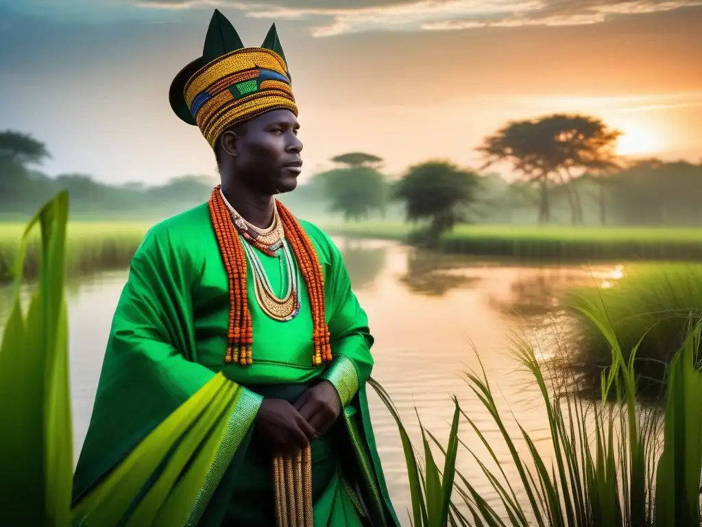 Cocodrilo divinidad África antigua, danza sagrada en ribera del río con aura mística