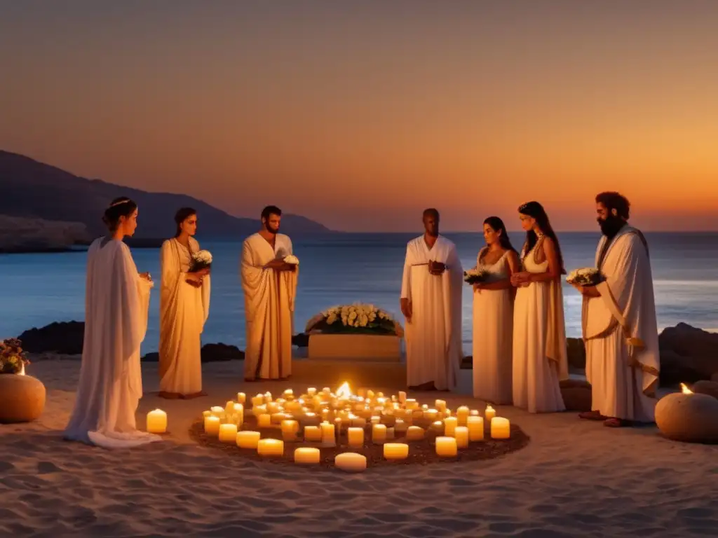 Ritos de despedida y criaturas míticas en una playa al atardecer