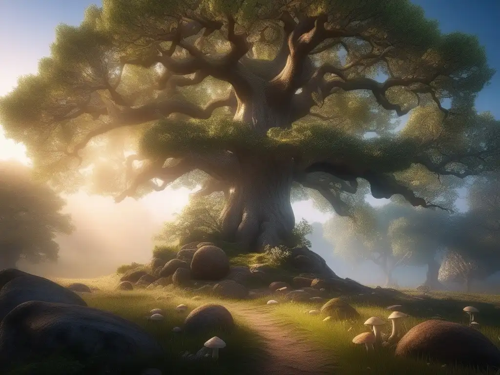 Árbol ancestral con gnomos y hongos luminosos Majestuoso roble antiguo con gnomos, tatuajes y significados de naturaleza, sabiduría y protección