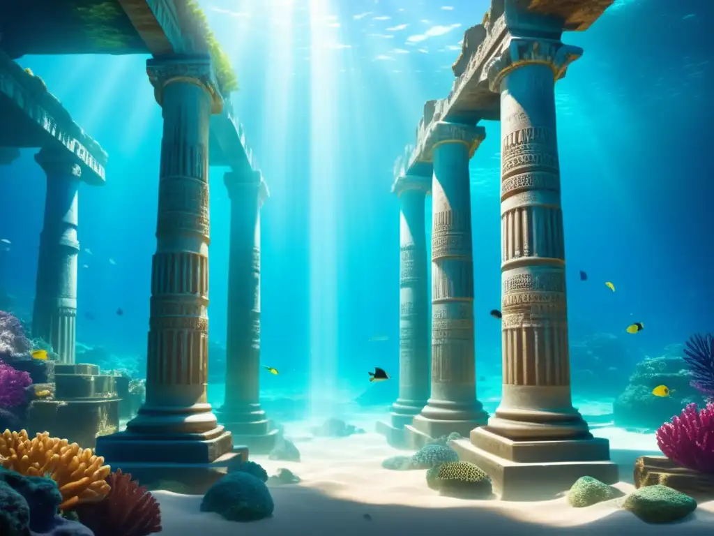 Imagen de la mítica Atlántida, ruinas submarinas y mitología marina