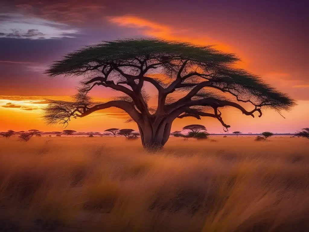 Espíritus Naturaleza África, paisaje sabana atardecer, cielo cálido, baobabs majestuosos, armonía y tranquilidad