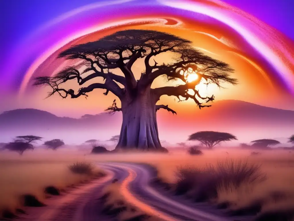 Paisaje africano al atardecer con árbol baobab y criaturas míticas - Leyendas africanas de reyes muertos