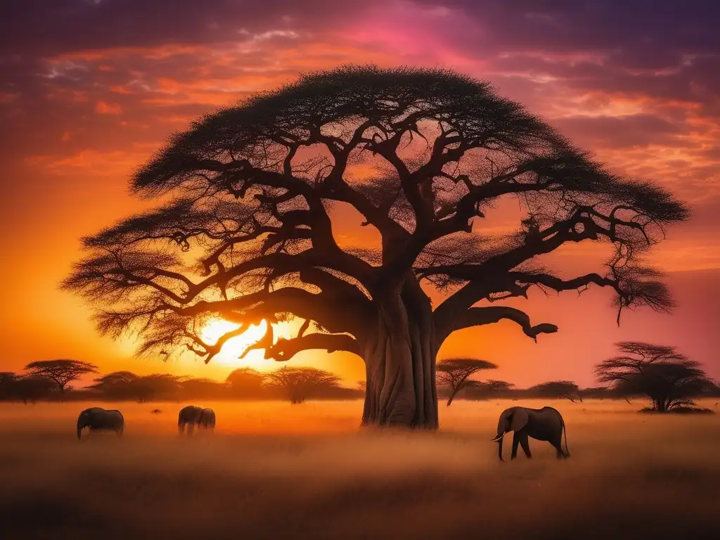 Paisaje africano al atardecer con espíritus guardianes en cultura Zulú