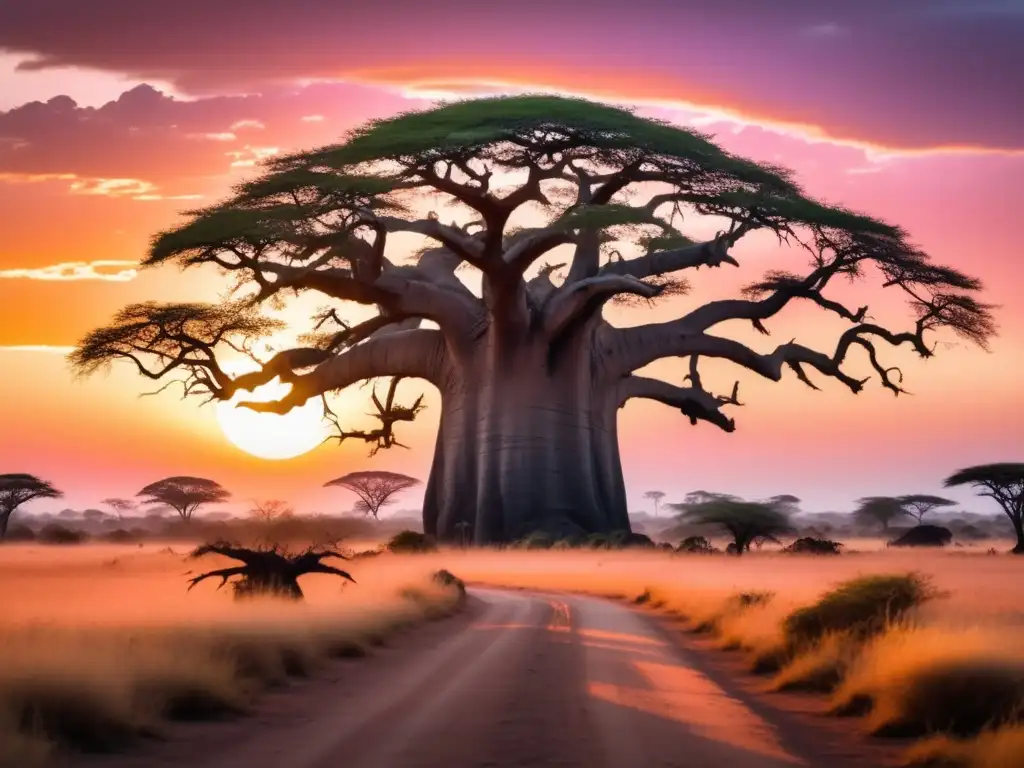 Paisaje africano al amanecer con guardianes míticos: significado en mitología africana