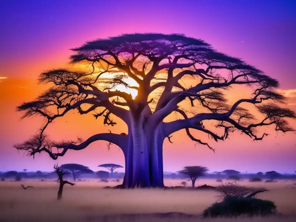 Paisaje africano al atardecer con árbol Baobab, arañas y leyenda mítica de Anansi