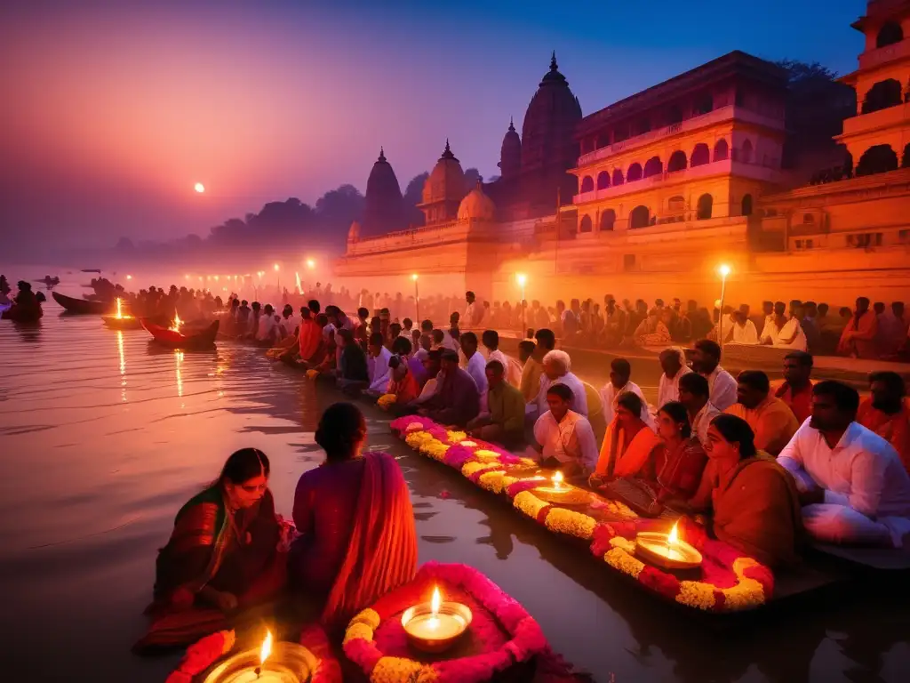 Creencias espíritus cultura hindú: Puesta de sol mística sobre el río Ganges en Varanasi, India