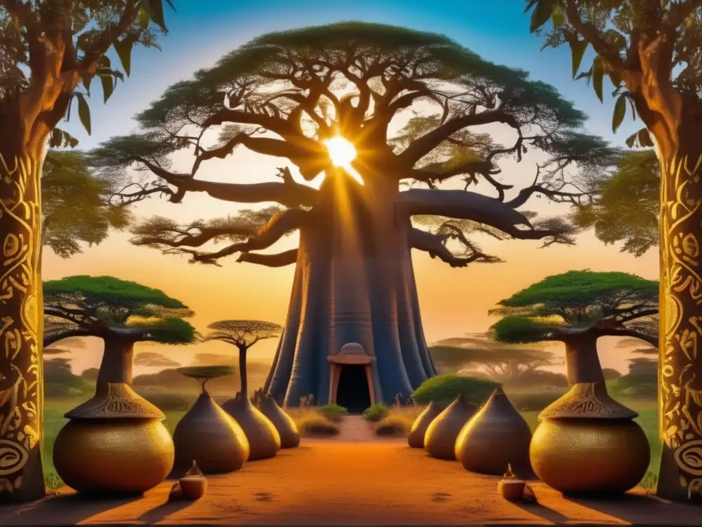 Bosque africano místico con árbol sagrado y espíritus venerados de la mitología africana