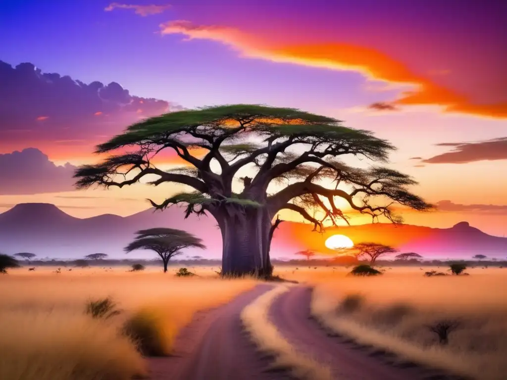 Paisaje africano al atardecer con espíritus de la naturaleza (110 caracteres)