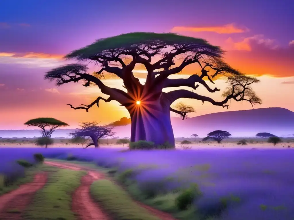 Espíritus de la Naturaleza en África: baobab, savannah, colores cálidos, místico, conexión espiritual, tranquilidad