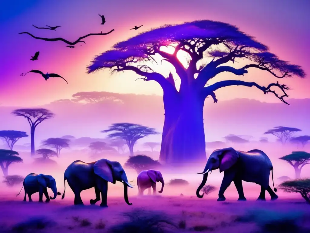 Espíritus guía tradición africana - Paisaje africano con baobabs, animales espirituales y ancestralidad