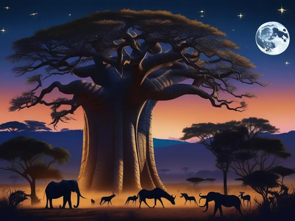 Protección de niños en mitología africana: Majestuosa imagen nocturna de una sabana africana iluminada por la luna