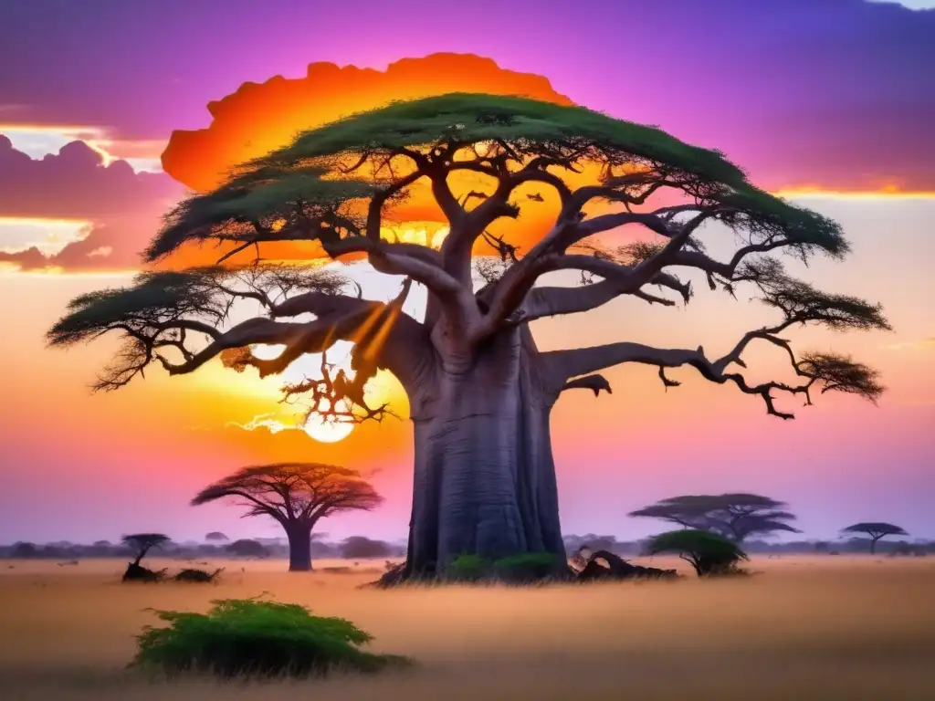 Paisaje africano al atardecer con baobab y animales: Protectores del Más Allá en África