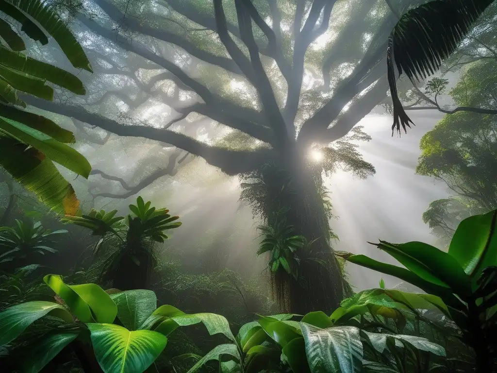 Bosque maya místico con árbol ceiba, ritual al Dios Chaac y naturaleza divina