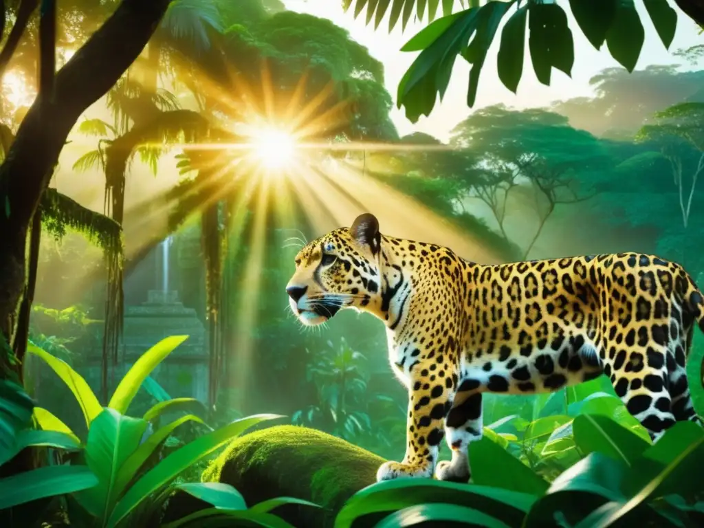 Jaguar místico en selva Mesoamérica: dioses animales, poder y majestuosidad