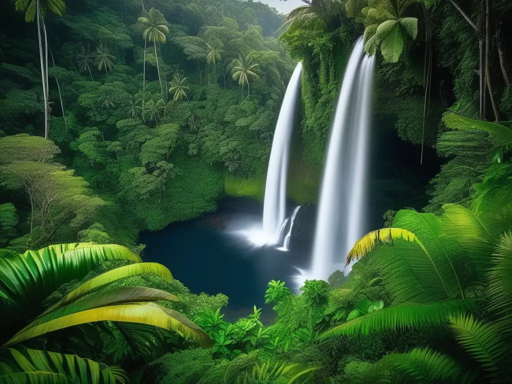 Un paraíso mítico: selva tropical exuberante de Micronesia, con cascada majestuosa y río cristalino rodeado de flores y plantas exóticas