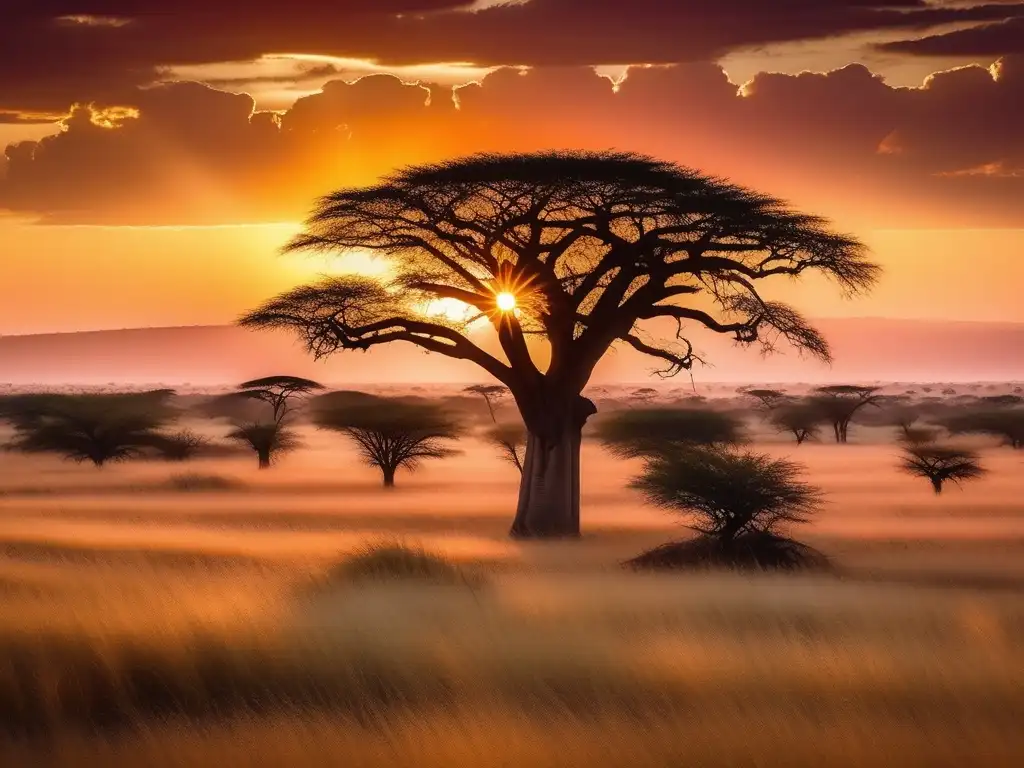 Paisaje africano con espíritus de la naturaleza (110 caracteres)