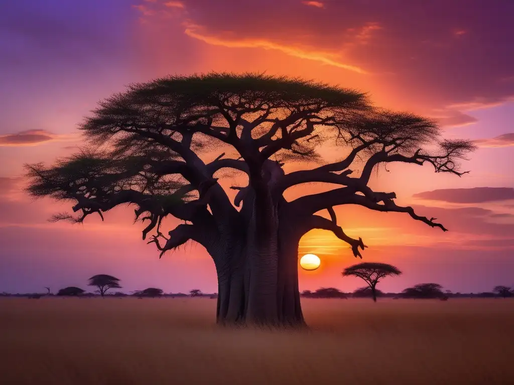 Paisaje africano al atardecer con deidades protectoras (110 caracteres)