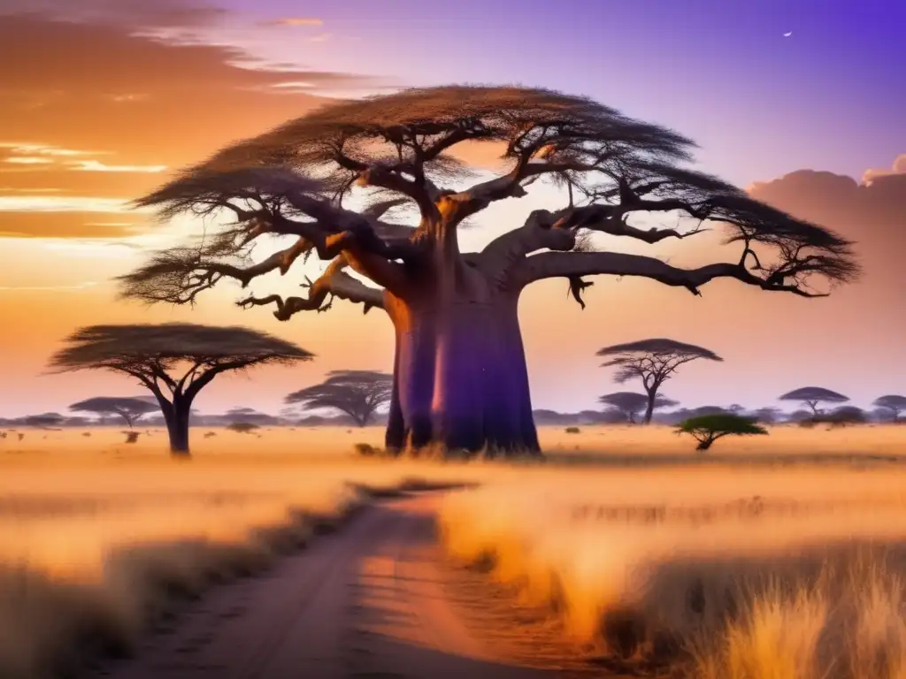 Poderes de chamanes africanos comunicarse más allá: paisaje sereno con baobabs, puesta de sol, y shaman en la distancia