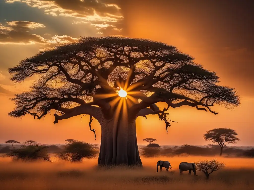 Protección de niños en mitología africana: paisaje africano con baobab, niños, seres míticos y un atardecer mágico