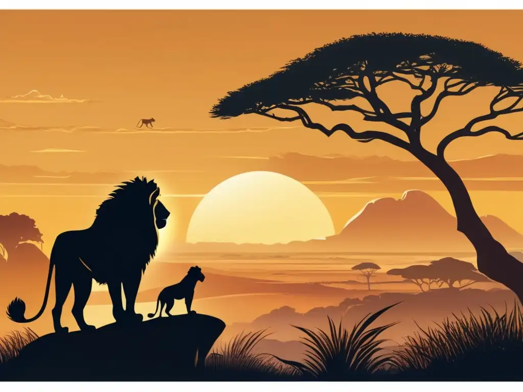 Espíritus animales mitológicos África: majestuoso león, serpiente brillante y elefante pacífico en una escena mística al atardecer