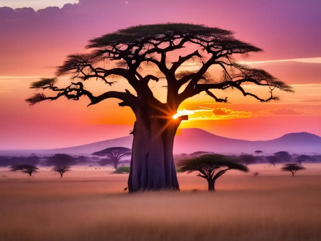 Paisaje africano al atardecer con el majestuoso árbol Baobab y leyendas guardianes del fuego