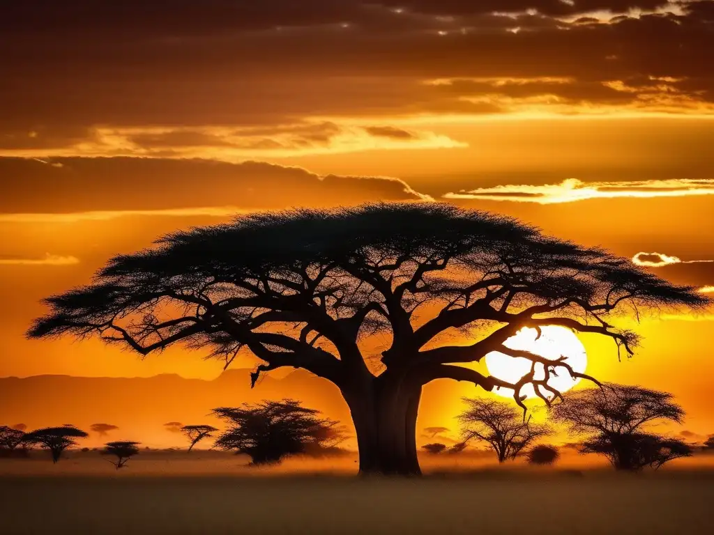 Espíritus de la Naturaleza África, paisaje impresionante con savannah, baobabs y cascada majestuosa