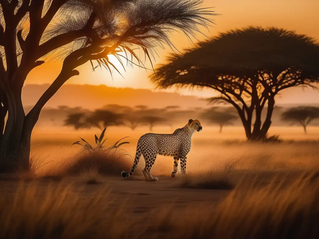 Guepardo sagrado en la mística sabana africana al atardecer