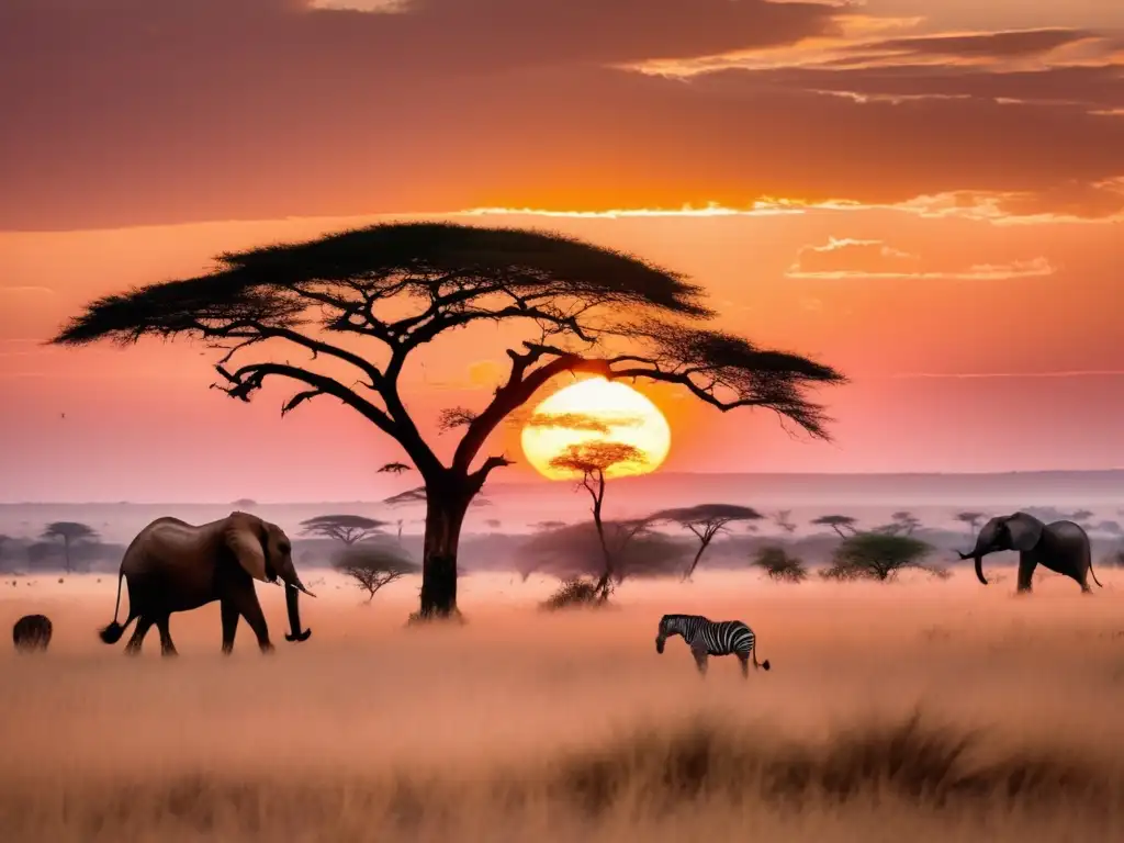 Paisaje africano al atardecer con animales silueteados y colores cálidos