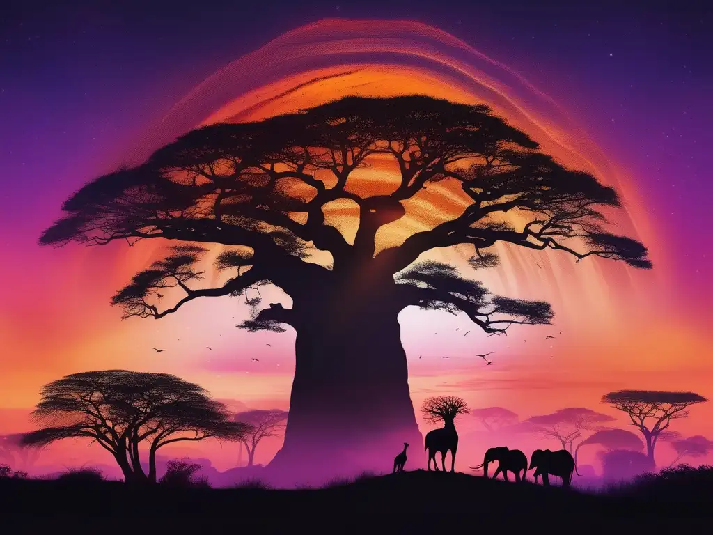 Leyendas Guardianes Fuego Cultura Africana: Atardecer africano con baobab y seres míticos