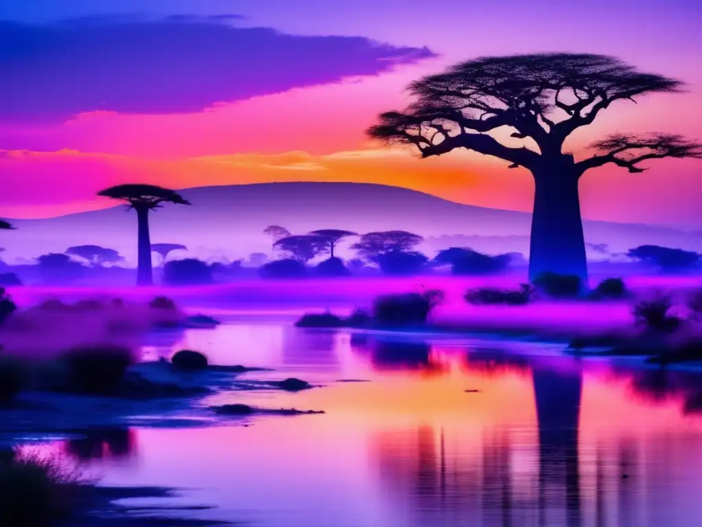 Paisaje africano al atardecer con baobabs y río