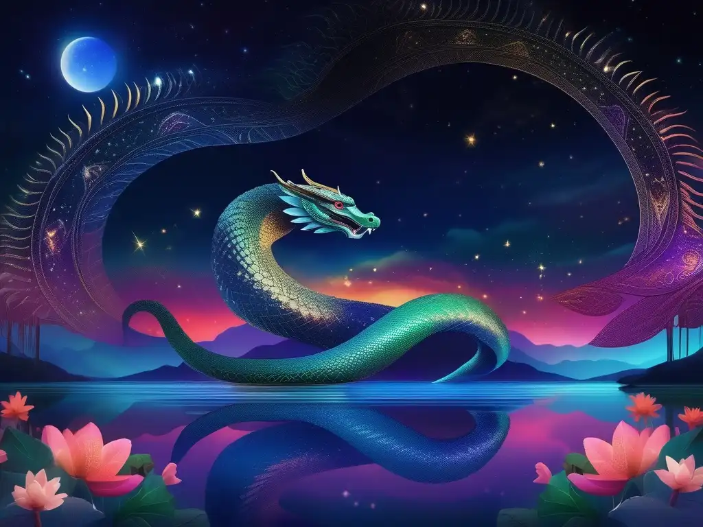 Criaturas celestiales en mitología Mapuche: Serpiente mítica en un fascinante cielo estrellado reflejado en un lago tranquilo