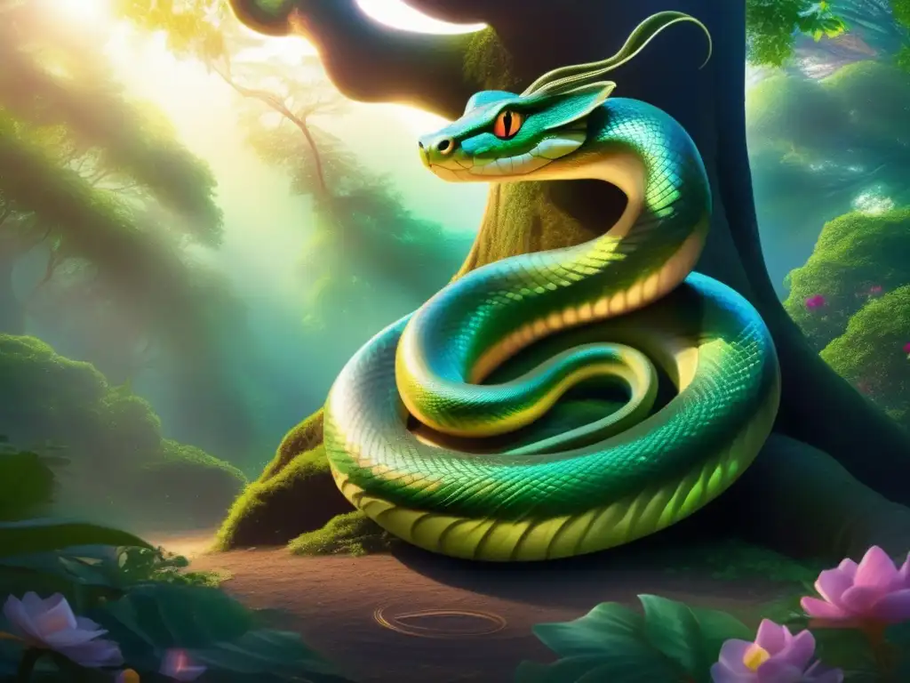 Serpiente mítica en bosque encantado, simboliza sabiduría y renacimiento en mitología vasca