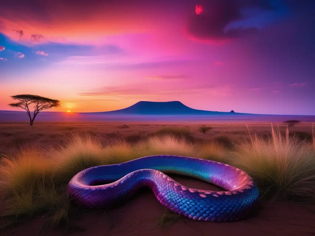 Serpiente arcoiris en paisaje africano al atardecer: mitología y belleza mística