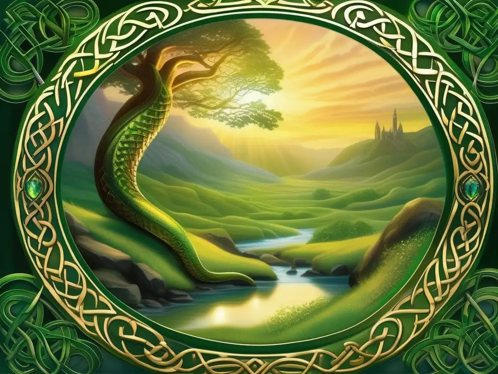 Paisaje celta místico con serpiente y sabiduría Paisaje celta místico: serpiente guardiana del saber mitología celta, colores iridiscentes, atmósfera encantadora