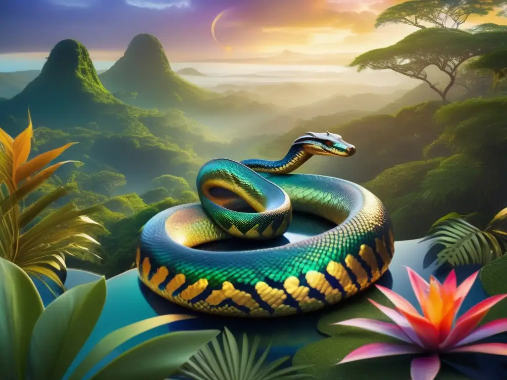 Serpiente sagrada, mitología africana: serpiente majestuosa y colorida en paisaje tropical exuberante, simbolizando sabiduría y fertilidad