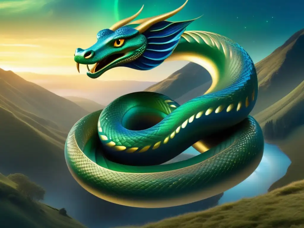 Serpiente mítica británica en paisaje celeste, escamas verdes y azules, cuerpo elegante en el aire, ojos dorados, fondo celestial y estrellas