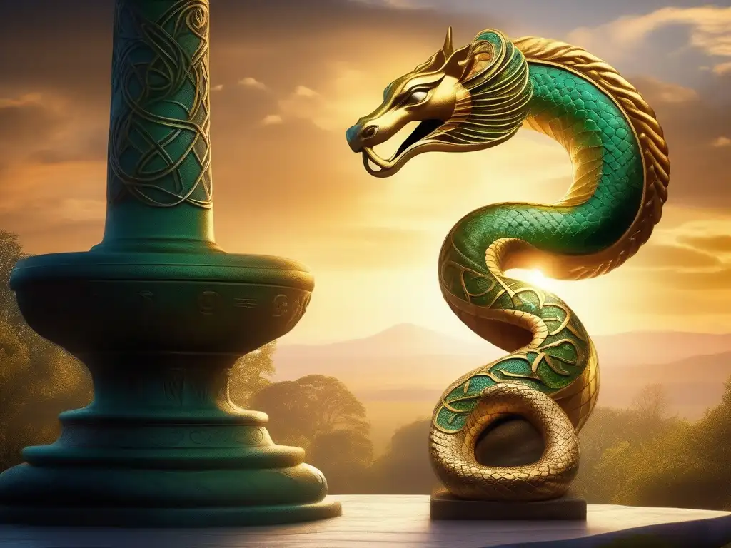 Paisaje celta místico con serpiente guardian Paisaje místico celta con serpiente guardiana del saber en pedestal de piedra, símbolos y aura radiante