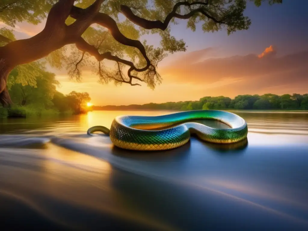 Criatura mitica de agua en el Mississippi River, capturada al atardecer con un brillo etéreo