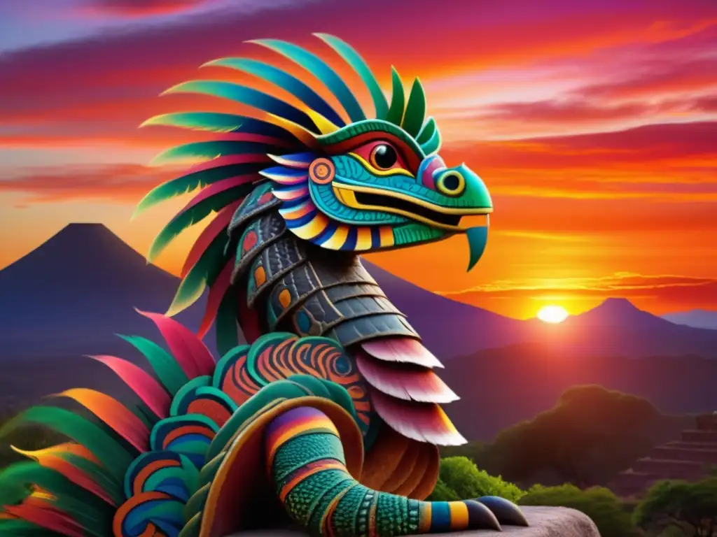 Quetzalcóatl, dios serpiente de la mitología azteca, en un paisaje místico y encantador