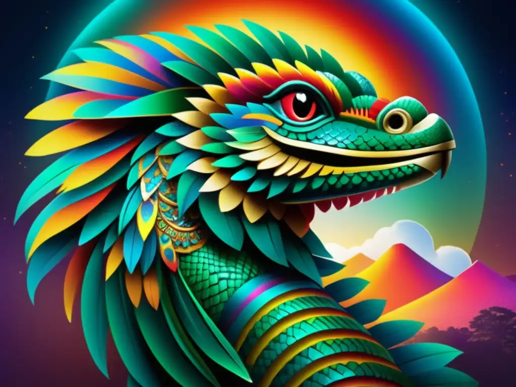 Quetzalcóatl, deidad serpiente de la mitología azteca, en imagen fascinante con colores etéreos