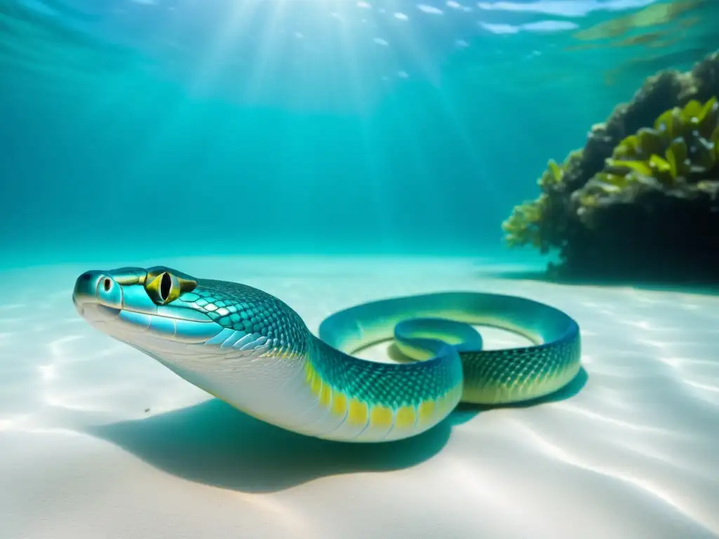 Criaturas míticas de Palau nadan en un escenario submarino etéreo con peces tropicales y arrecifes vibrantes