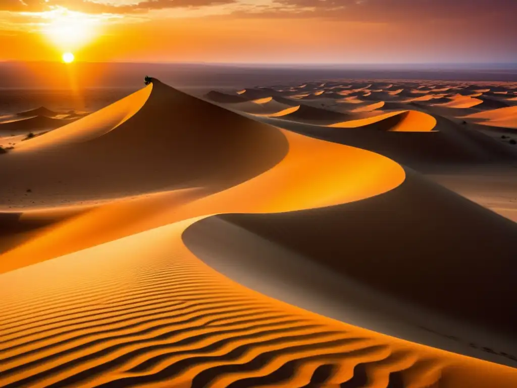 Escena de atardecer en desierto africano con serpiente mítica de escamas iridiscentes y ojos luminosos